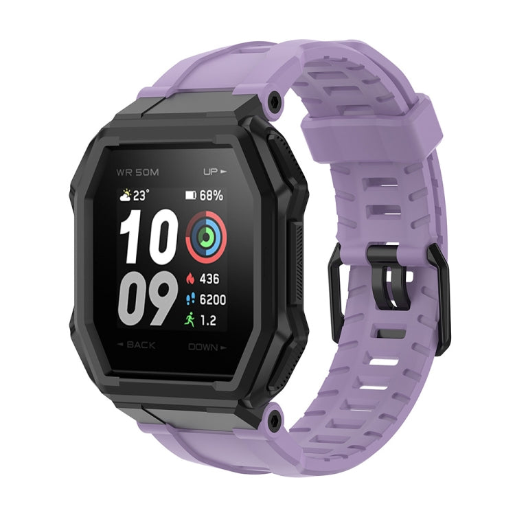 Light purple silicone watch strap with textured perforated links and buckle