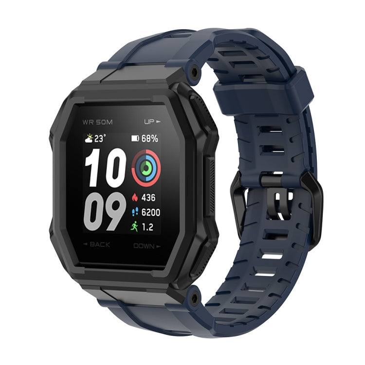 Navy blue silicone watch strap with rugged buckle and vented perforations