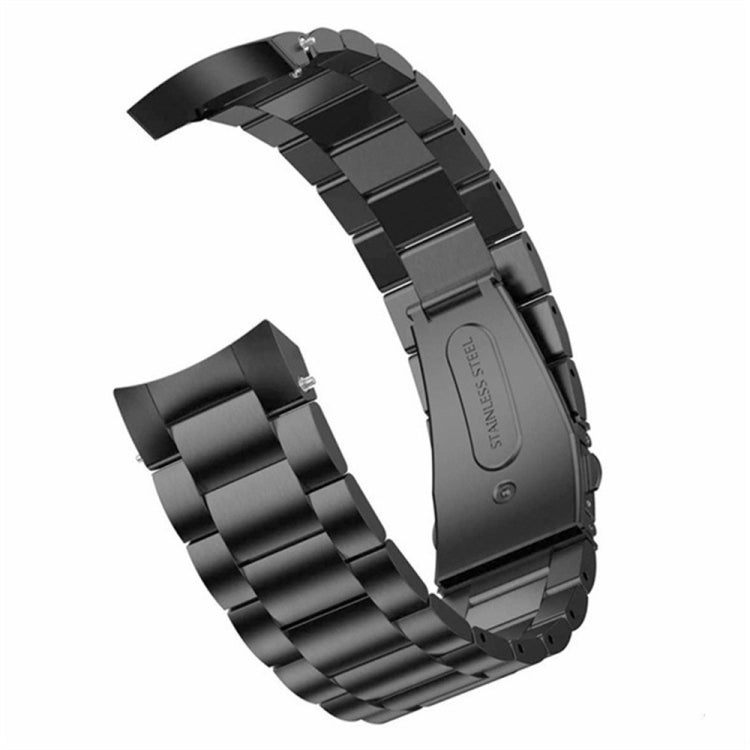 Black stainless steel watch band with curved three-piece links and folding clasp.