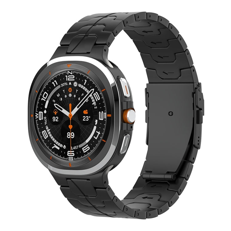 Black titanium link watch band with a safety clasp, shown attached to a smartwatch.