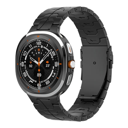 Black titanium link watch band with a safety clasp, shown attached to a smartwatch.