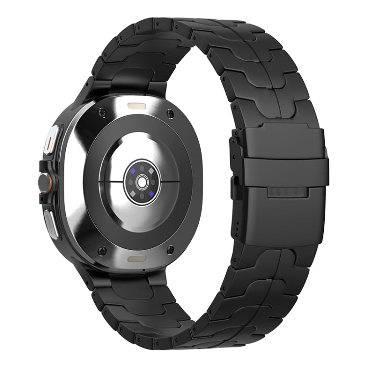 Back view of a black titanium link watch band with a broad safety clasp on a smartwatch.