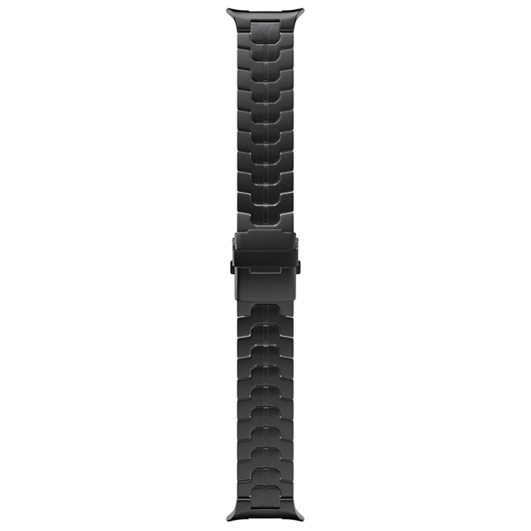 Black titanium link watch band displayed flat, showing its safety clasp and watch connectors.