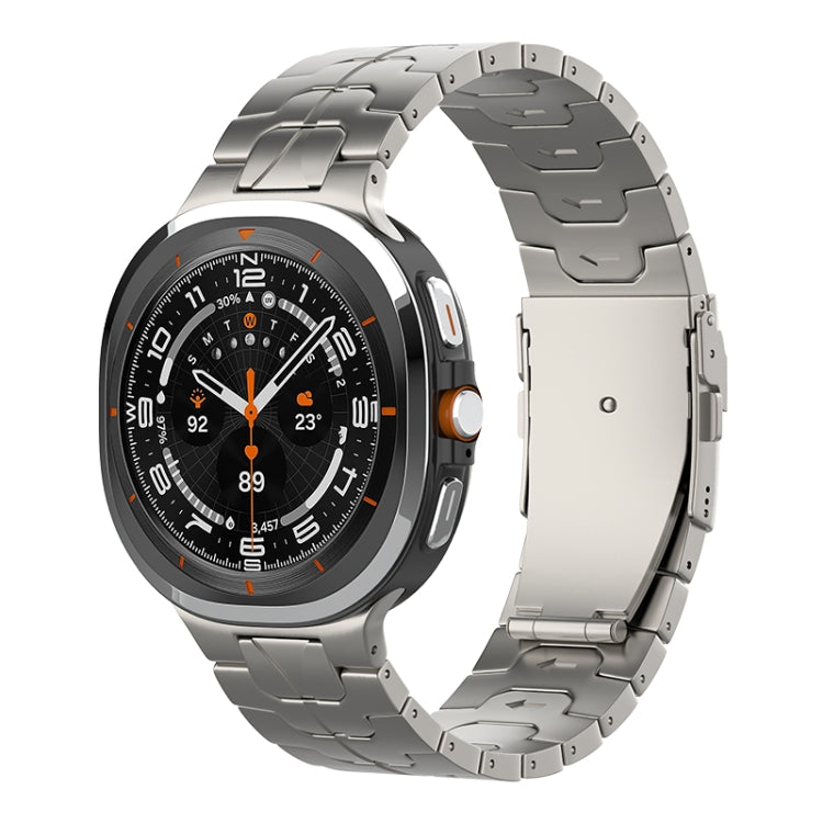 Gray titanium link watch band with a safety clasp, shown attached to a smartwatch.