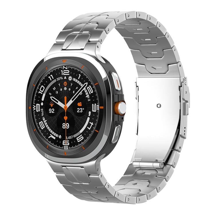 Silver titanium link watch band with a safety clasp, shown attached to a smartwatch.