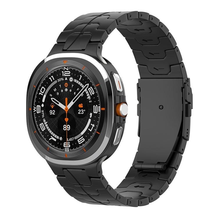 Black titanium link watch band attached to a smartwatch, shown from the front.