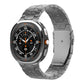 Gray titanium link watch band attached to a smartwatch, shown from the front.
