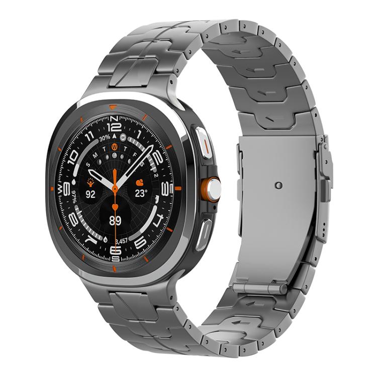 Gray titanium link watch band attached to a smartwatch, shown from the front.