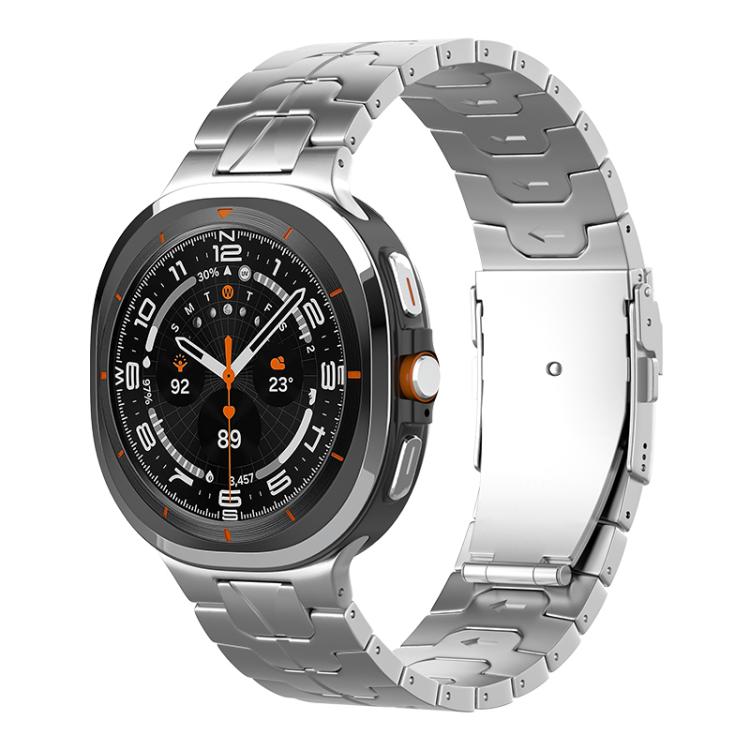 Silver titanium link watch band attached to a smartwatch, shown from the front.