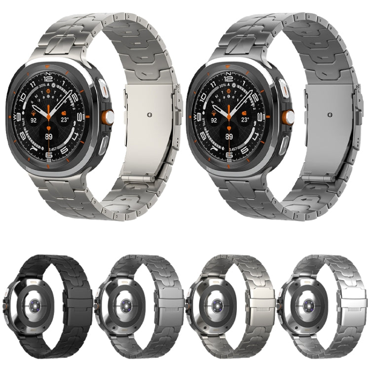 Titanium link watch bands in black, gray, and silver, shown from front and back.
