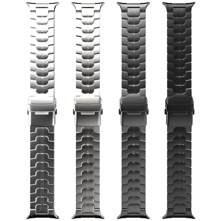 Four titanium link watch bands in silver, gray, and black, each with a safety clasp.
