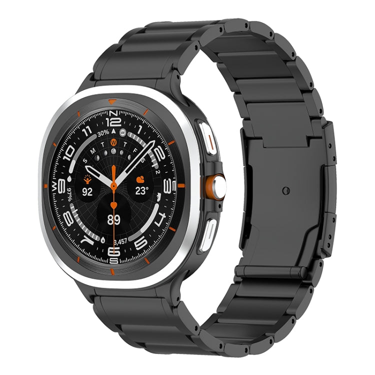 Black metal watch band with a Galaxy smartwatch, shown from the front.