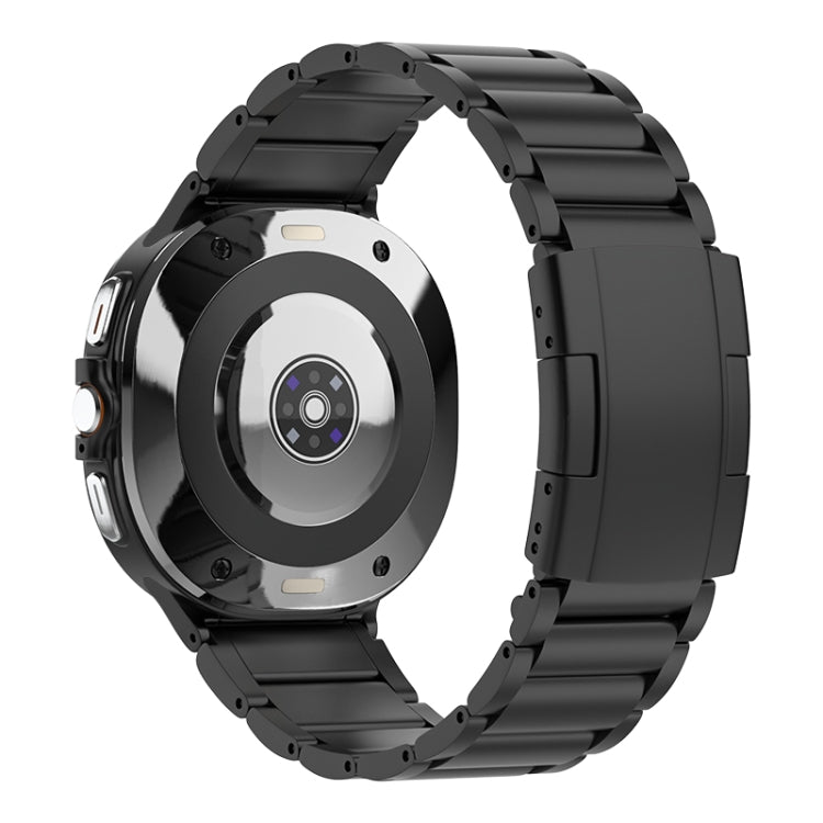 Black metal watch band with a Galaxy smartwatch, shown from the back.