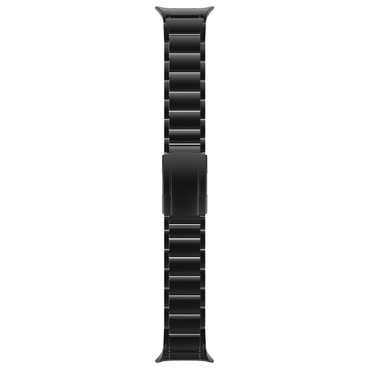 Black metal watch band shown flat, with linked sections and a folding clasp.