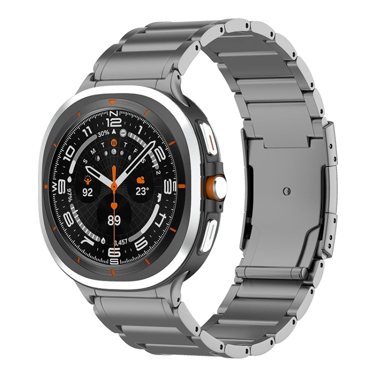 Gray metal watch band with a Galaxy smartwatch, shown from the front.