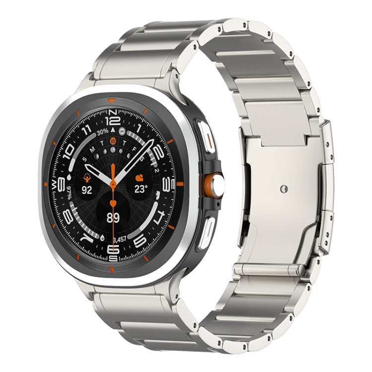 Titanium-tone metal watch band with a Galaxy smartwatch, shown from the front.