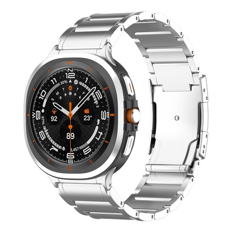 Silver metal watch band with a Galaxy smartwatch, shown from the front.