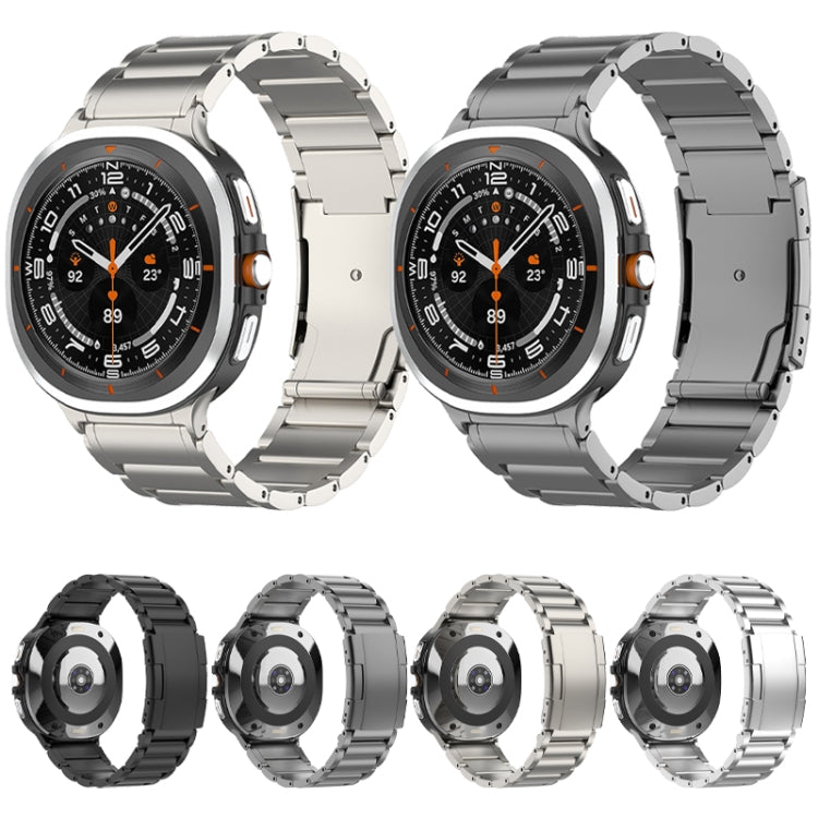 Titanium steel watch band shown in silver, gray, and black with a Galaxy smartwatch