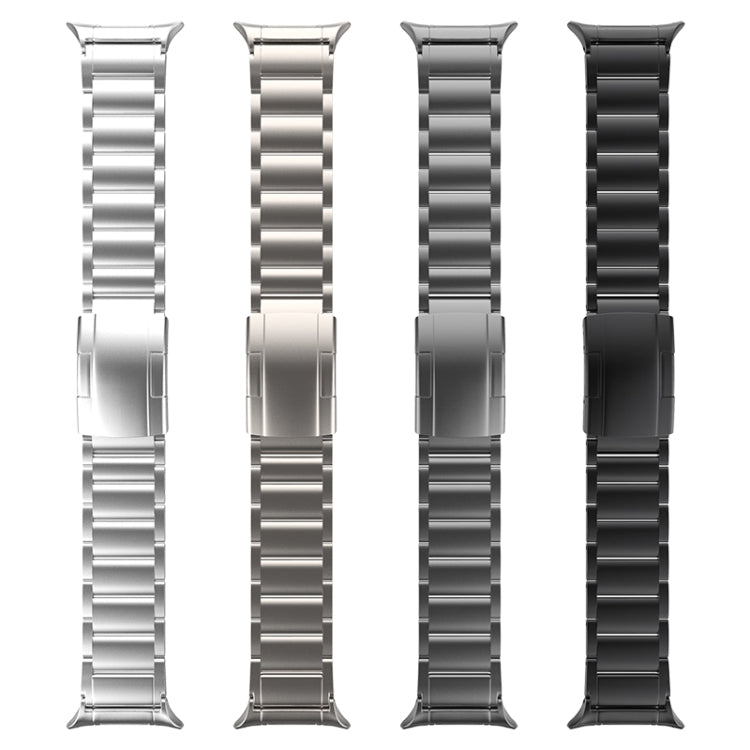 Titanium steel watch bands with three-bead links and folding clasps in silver, gray, and black