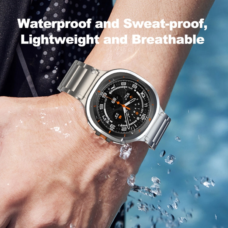 Silver titanium steel watch band worn with a Galaxy smartwatch