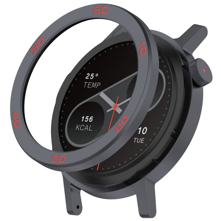 Gray metal watch bezel ring with red number markings fitted around the watch face