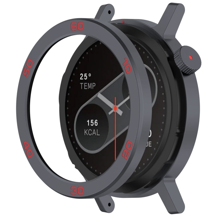 Gray metal watch bezel ring with red number markings, shown beside a CMF Watch Pro 2