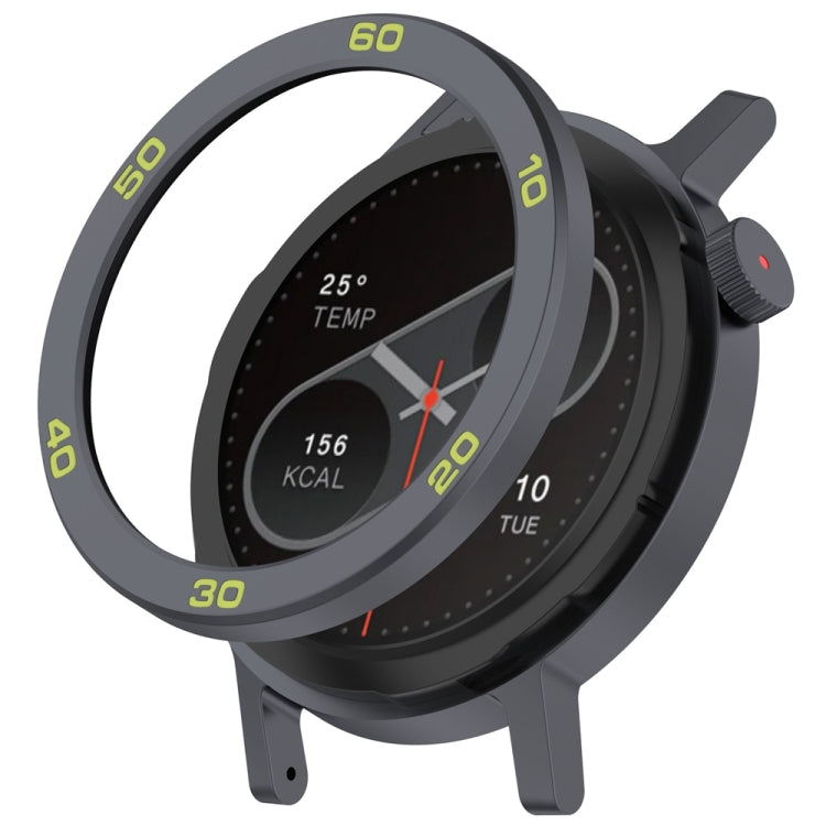 Gray metal watch bezel ring with lime number markings fitted on a CMF Watch Pro 2
