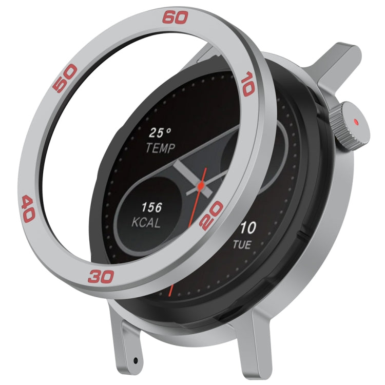 Silver metal watch bezel ring with red number markings fitted on a CMF Watch Pro 2