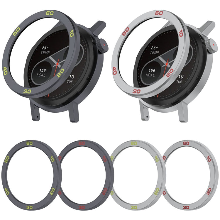 Four numbered metal watch bezel rings in gray and silver with red or lime markings