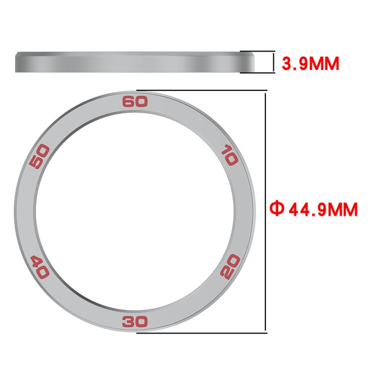 Silver metal watch bezel ring with red numbers, showing 44.9 mm diameter and 3.9 mm thickness