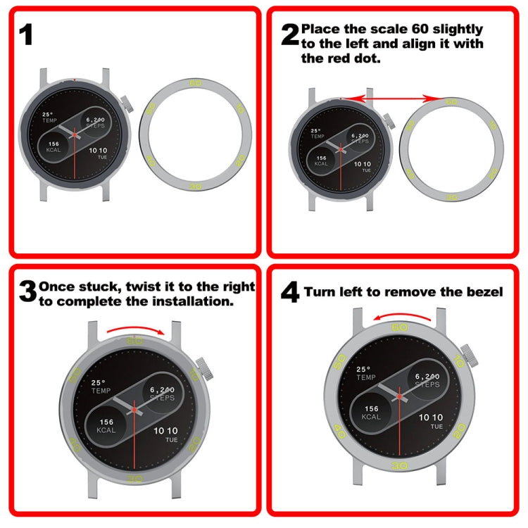 Watch bezel ring installation guide showing how to align, fit, and remove the numbered ring