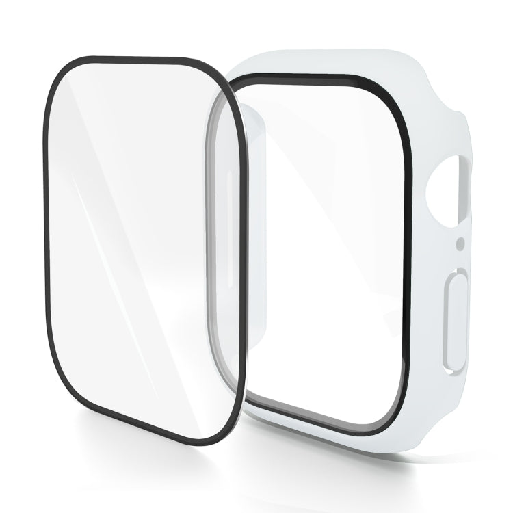 White Apple Watch case with integrated screen protector, shown in two pieces