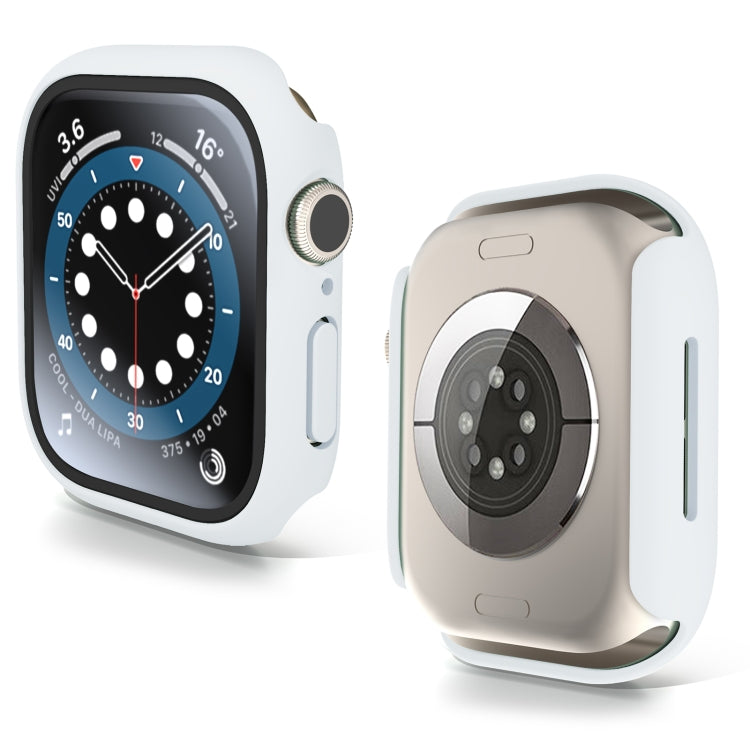 White Apple Watch case fitted around a watch, shown from front and back