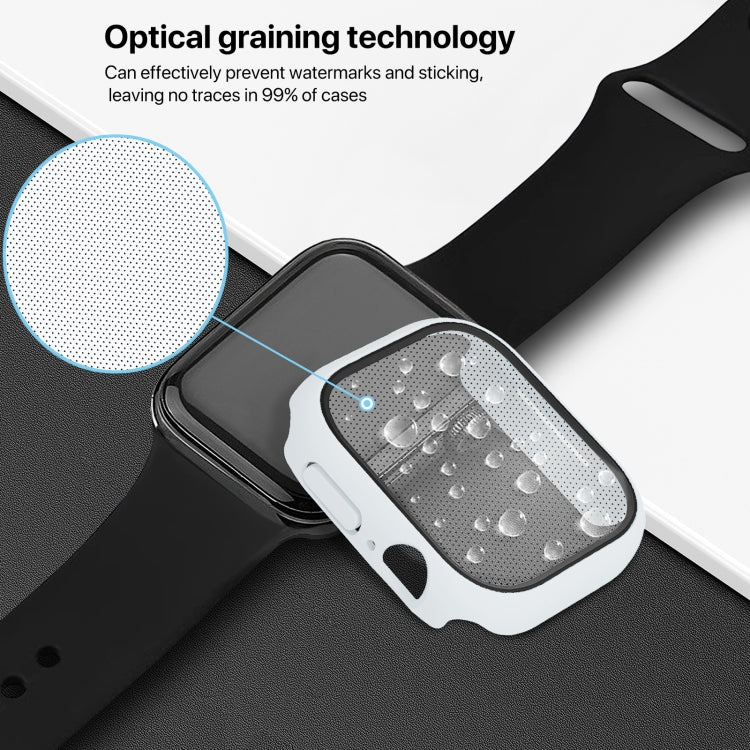 White Apple Watch case with integrated screen protector shown over a watch