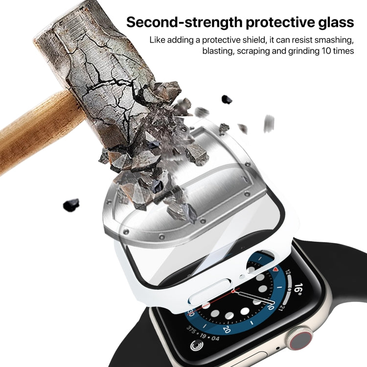 White Apple Watch case with clear screen protector shown above a watch