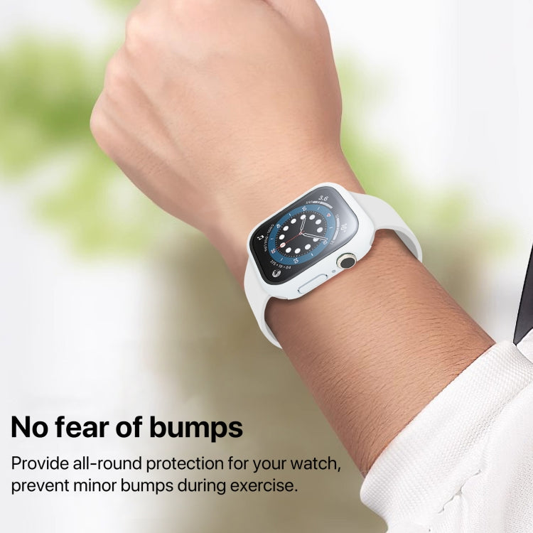White protective Apple Watch case worn on a wrist