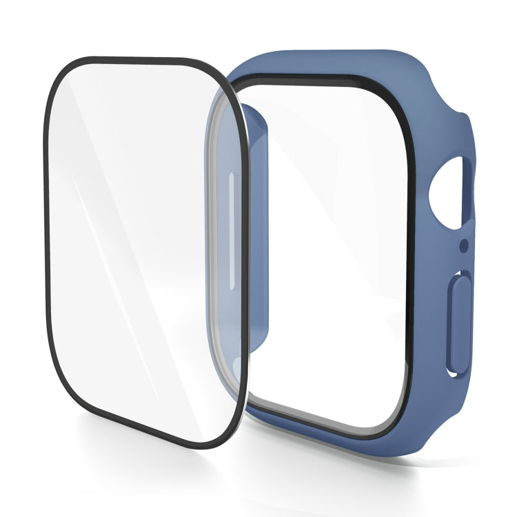 Blue Apple Watch case with integrated screen protector, shown in two pieces