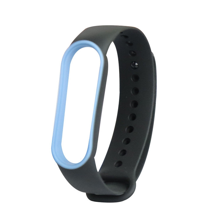 Two-color TPE watch strap for Xiaomi Mi Band 5, black with blue insert and pin holes