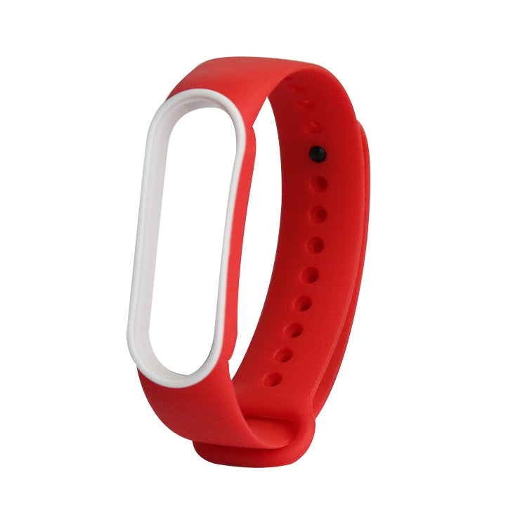 Two-tone TPE smartwatch strap for Mi Band 5, red with white inner loop and pin holes.