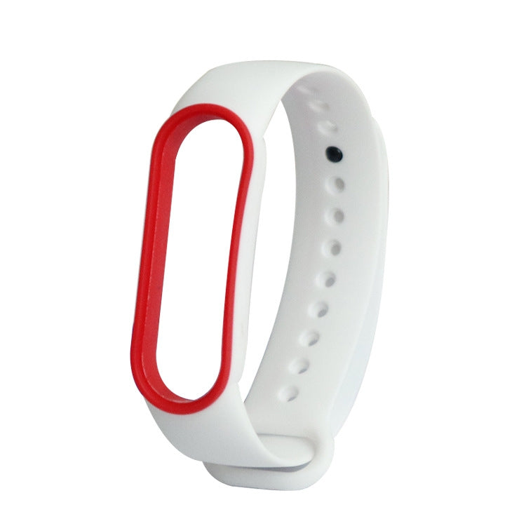 Two-tone TPE smartwatch strap for Mi Band 5, white with red inner loop and watch holes.