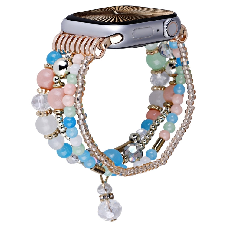 Multicolor beaded Apple Watch band with rose-gold chain strands and dangling crystal charm