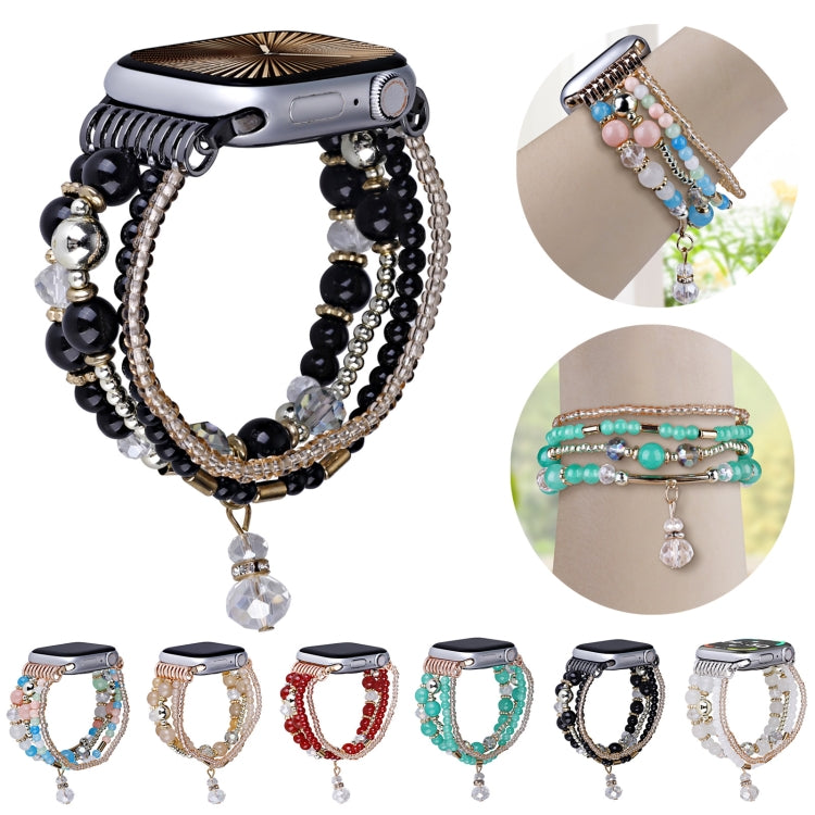 Black beaded Apple Watch band with chain strands and a crystal charm, shown with color options