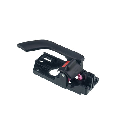 Left front inner door handle assembly, black plastic with red release tab