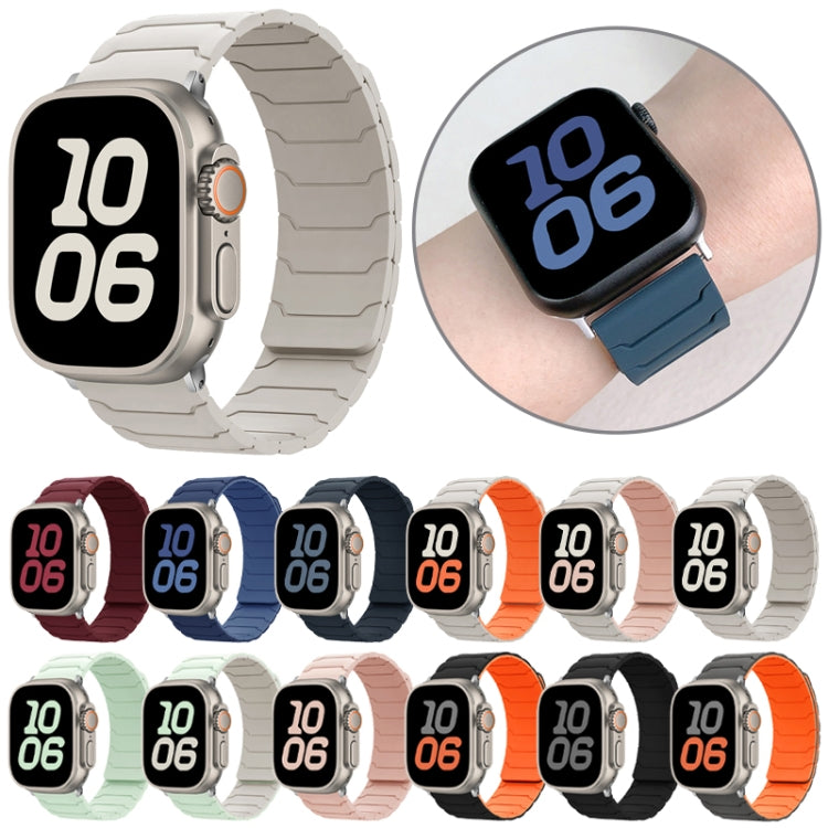 Magnetic silicone watch bands in assorted colors, with a wrist-worn example