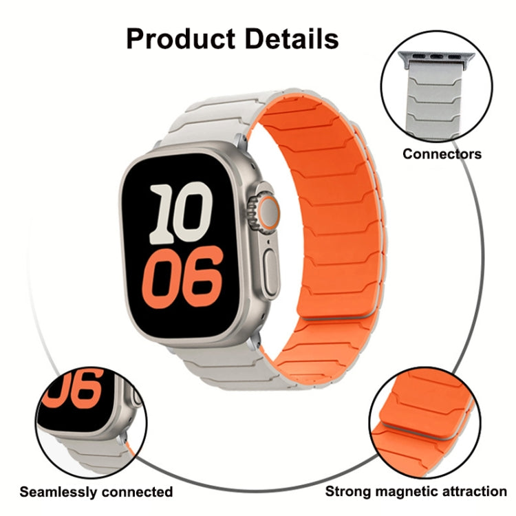 Gray and orange magnetic silicone watch band with connector and magnet details