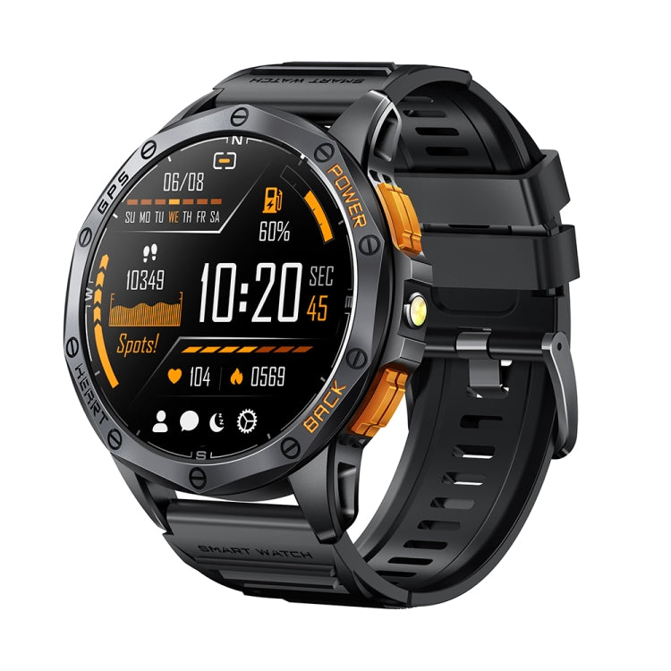 LEMFO K67 sports smartwatch with black band, dark case, and orange accents