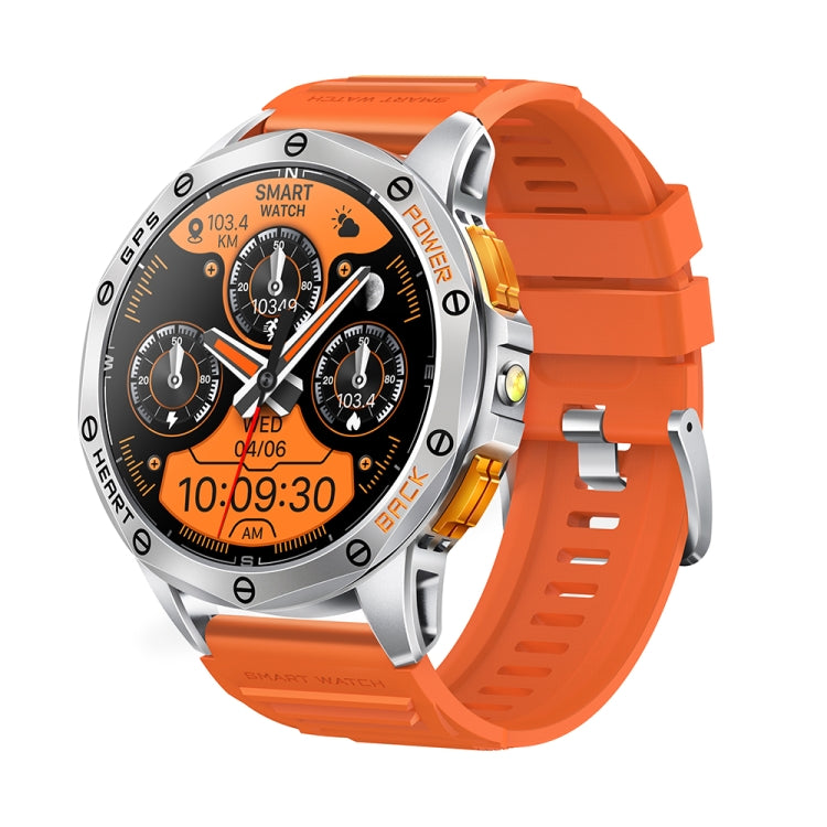 LEMFO K67 smartwatch with orange band, silver case, and analog-style display