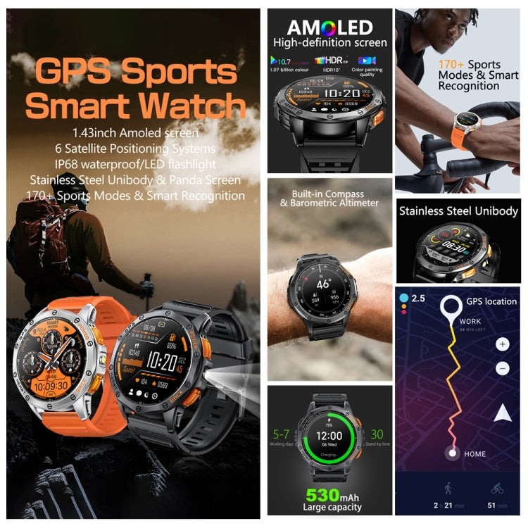 LEMFO K67 smartwatch feature collage showing GPS, sports modes, and display options