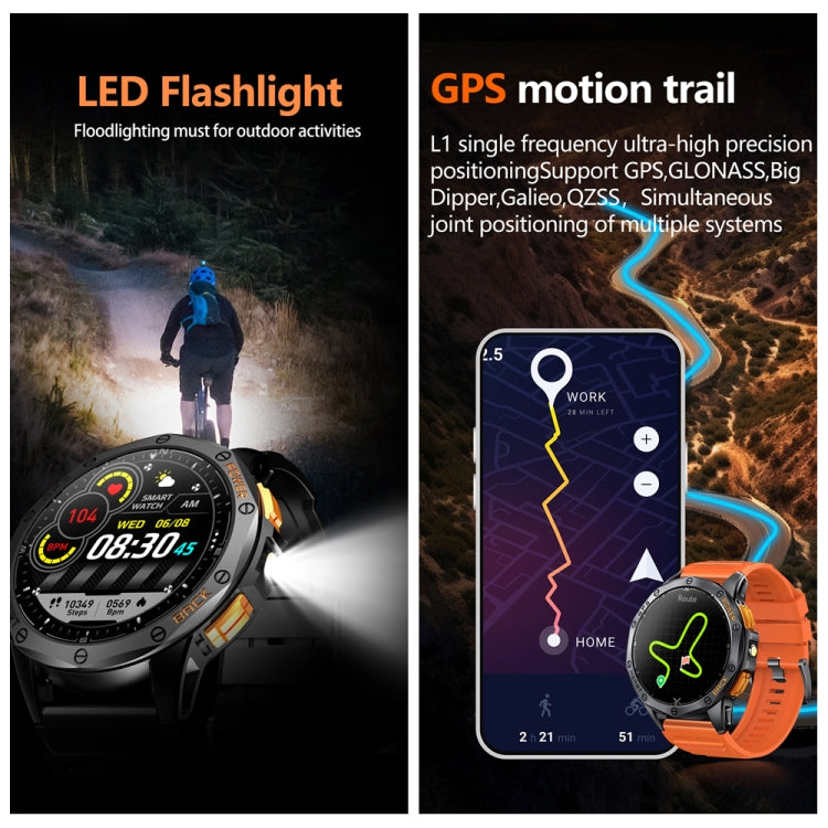 LEMFO K67 smartwatch shown with flashlight and GPS route features