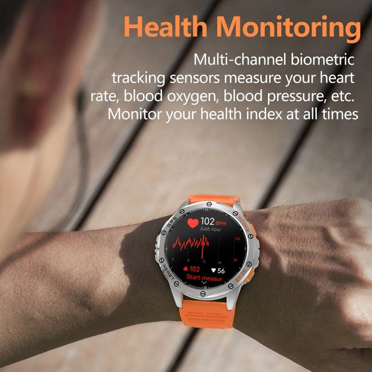 LEMFO K67 smartwatch with orange band displaying heart rate data